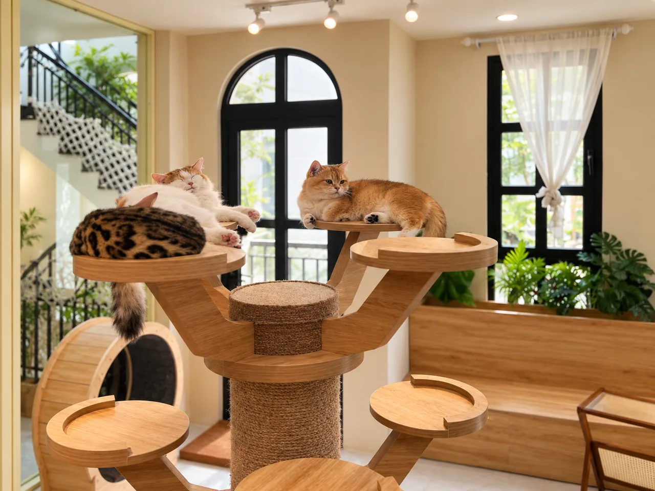 Cats resting on a wooden cat tree inside CAT Coffee & More